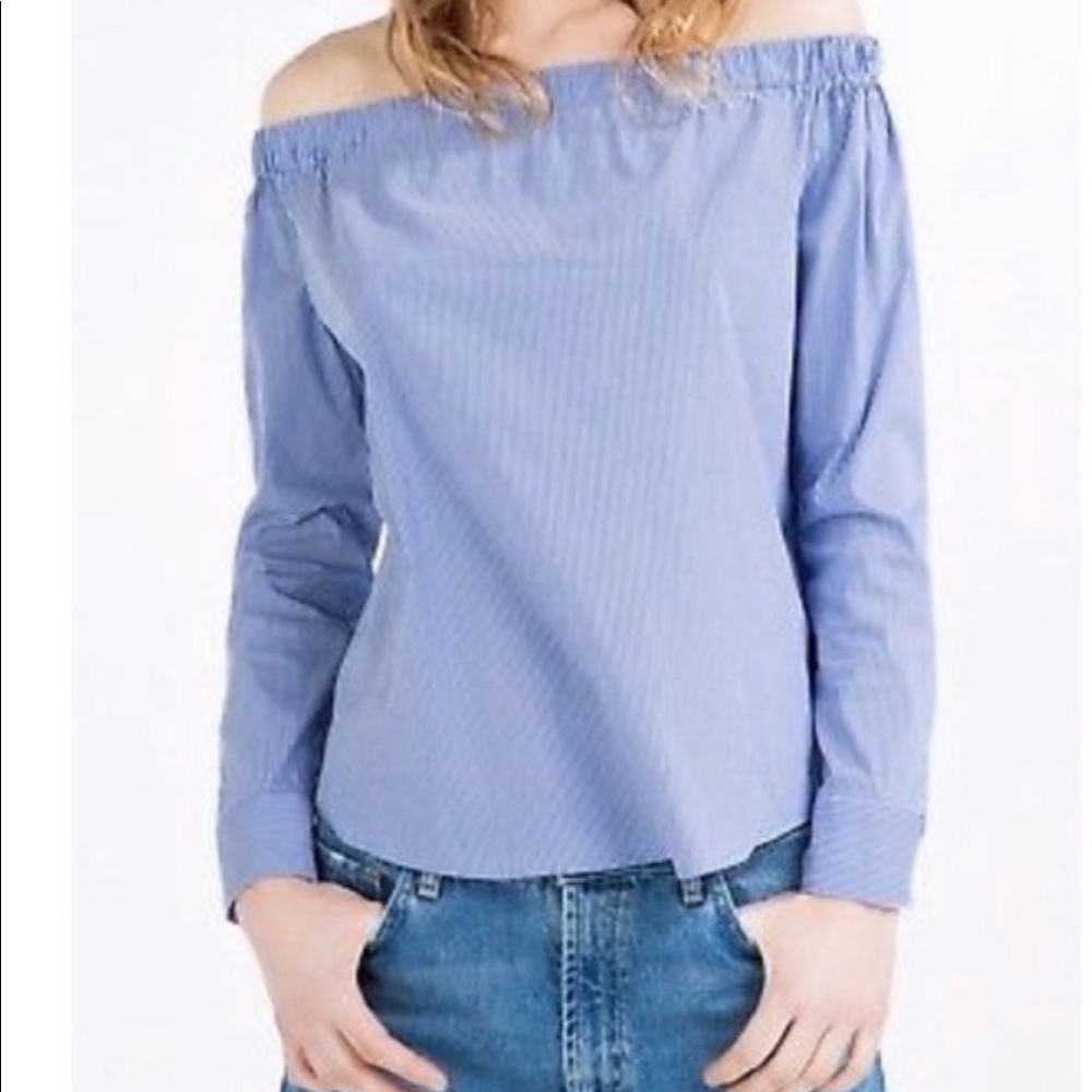 Zara Blue and White Cotton Striped Off Shoulder Top